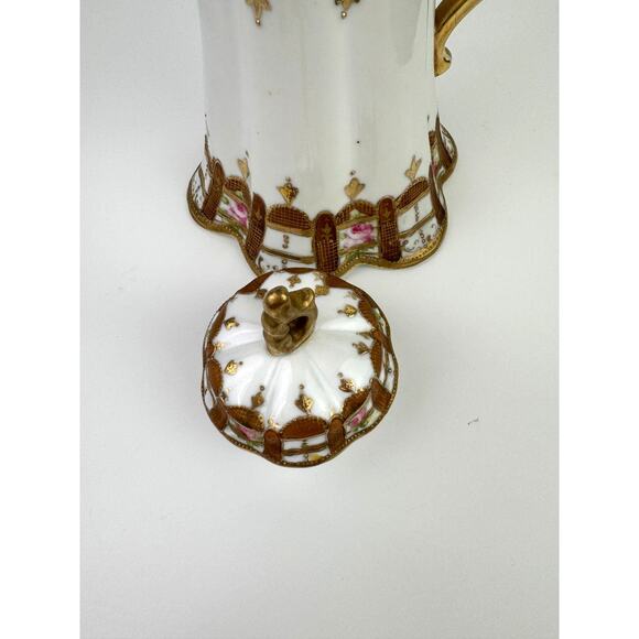 NIPON Porcelain Hand-Painted Chocolate Pot Pink Rose Gold Raised Beaded Gilt VTG - Picture 8 of 13